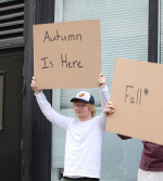EXCLUSIVE: Ed Sheeran seen in Manhattan carrying a sign saying "Autumn is here lithesome body