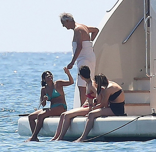 *EXCLUSIVE* Italian tenor Andrea Bocelli enjoys a little fun in the sun with a thrill seeking jet skiing ride during his sun soaked holidays with his wife Veronica Berti in Forte dei Marmi, Italy.