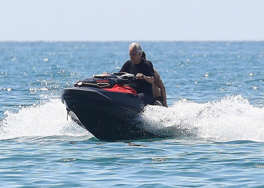 *EXCLUSIVE* Italian tenor Andrea Bocelli enjoys a little fun in the sun with a thrill seeking jet skiing ride during his sun soaked holidays with his wife Veronica Berti in Forte dei Marmi, Italy.