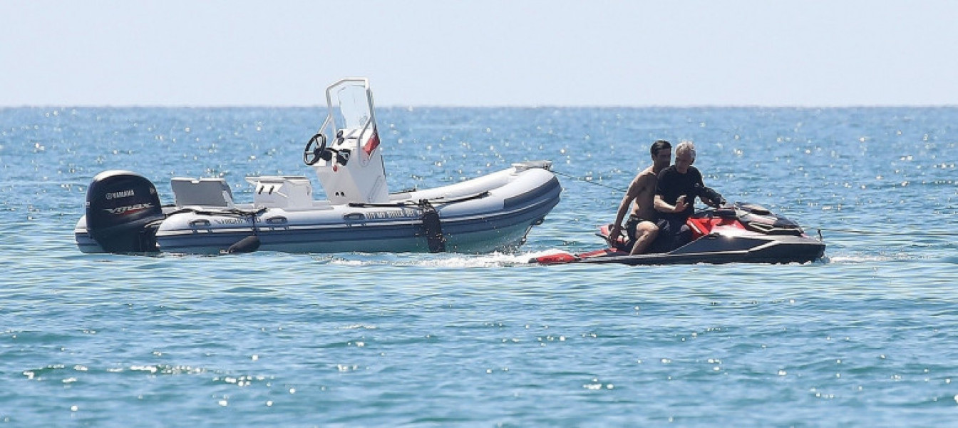 *EXCLUSIVE* Italian tenor Andrea Bocelli enjoys a little fun in the sun with a thrill seeking jet skiing ride during his sun soaked holidays with his wife Veronica Berti in Forte dei Marmi, Italy.