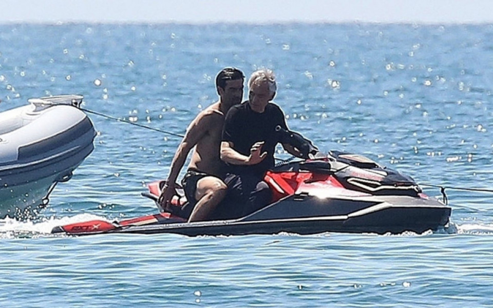 *EXCLUSIVE* Italian tenor Andrea Bocelli enjoys a little fun in the sun with a thrill seeking jet skiing ride during his sun soaked holidays with his wife Veronica Berti in Forte dei Marmi, Italy.