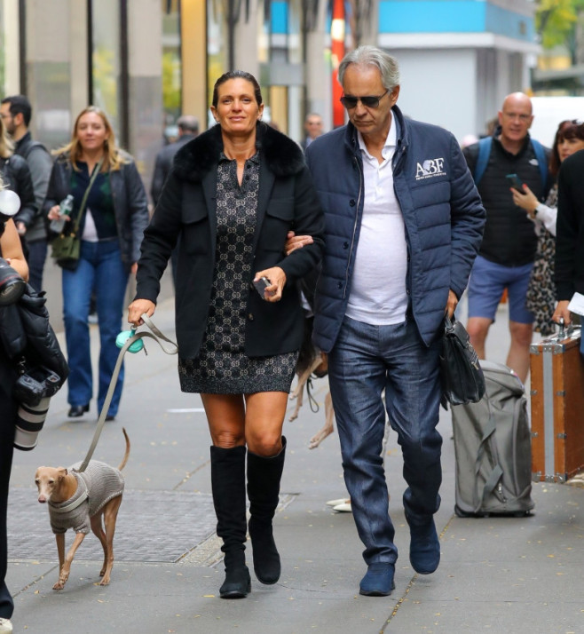 *EXCLUSIVE* Andrea Bocelli and wife Veronica Berti seen with their dogs while arriving at 'The Tonight Show' in NYC