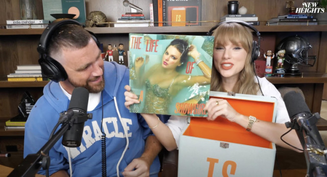 Taylor Swift gets a mouthful of confetti while announcing her upcoming “The Life of a Showgirl” album during an appearance on boyfriend Travis Kelce’s “New Heights” podcast