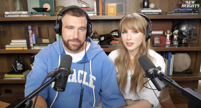 Taylor Swift gets a mouthful of confetti while announcing her upcoming “The Life of a Showgirl” album during an appearance on boyfriend Travis Kelce’s “New Heights” podcast