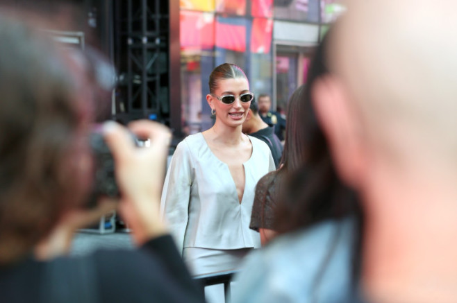 Lauren Ratner, Hailey Bieber and Michael D. Ratner Rhode x Sephora launch in Times Square on September 04, 2025 in New York City