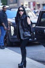 Lady Gaga arrives at the Stephen Colbert Show in rockstar mode