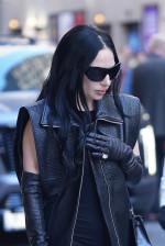 Lady Gaga arrives at the Stephen Colbert Show in rockstar mode