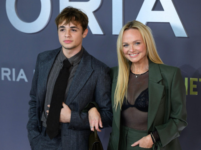 London, UK. October 8th, 2025. Emma Bunton and Beau Bunton Jones attending the Victoria Beckham World Premiere, Curzon Mayfair. Credit: Doug Peters/EMPICS/Alamy Live News