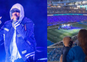 Nepotul lui Eminem, în brațele mamei, pe stadion în Detroit. Și-a urmărit bunicul cântând pe scenă