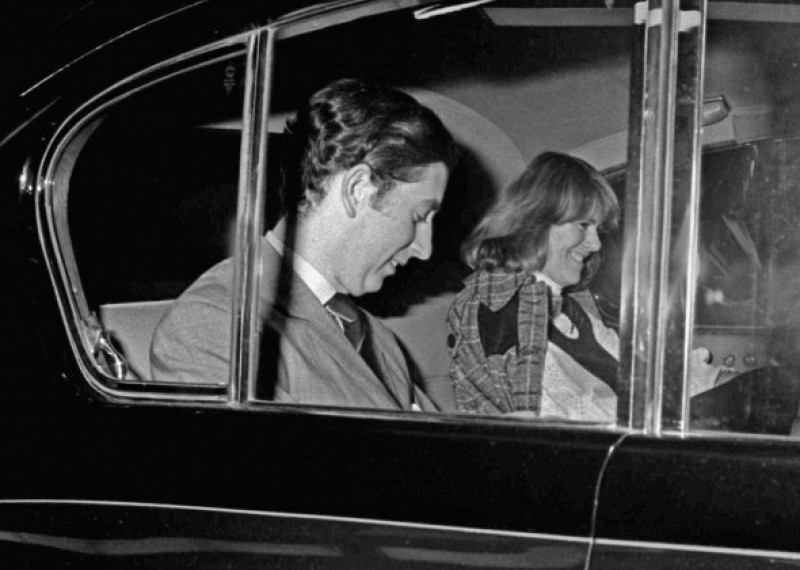 Prince Charles and Camilla Parker-Bowles leave the Royal Opera House in Covent Garden on the eve of Valentines Day 1975.From the archives of Press Portrait Service (formerly Press Portrait Bureau)