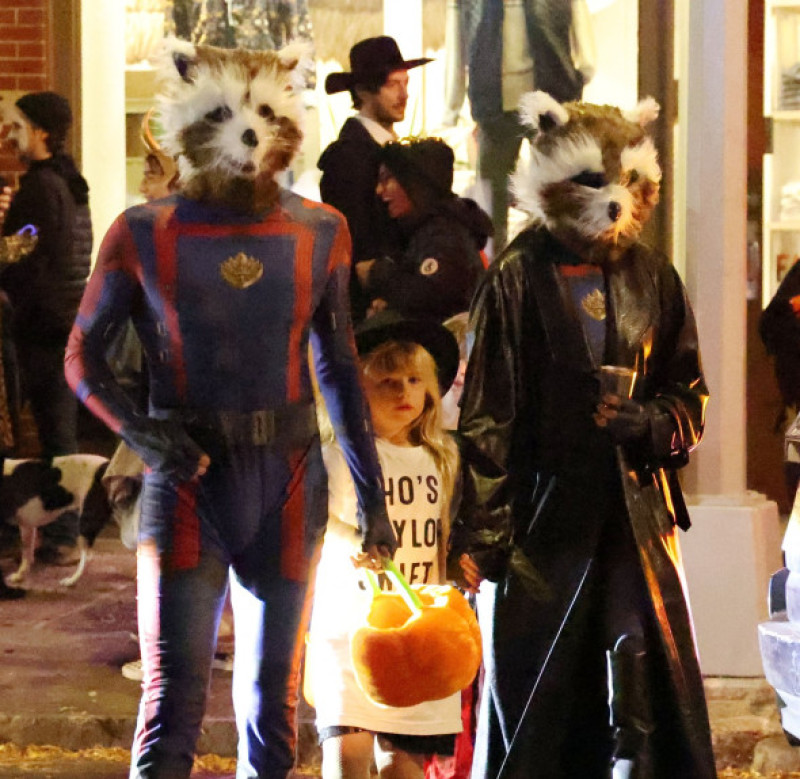 Bradley Cooper and Irina Shayk take their daughter trick or treating dressed as the Rocket from his movie Guardians of the galaxy