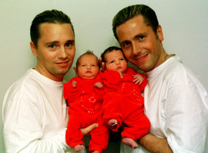 Proud Fathers Barrie Drewitt And Tony Barlow With Their Children Saffron And Aspen Drewitt-barlow After Their Surrogate Motherrosalind Bellamy Delivered Them... Barrie Drewitt And Tony Barlow Who Have Won American Court Support As Gay Fathers Of A Tw