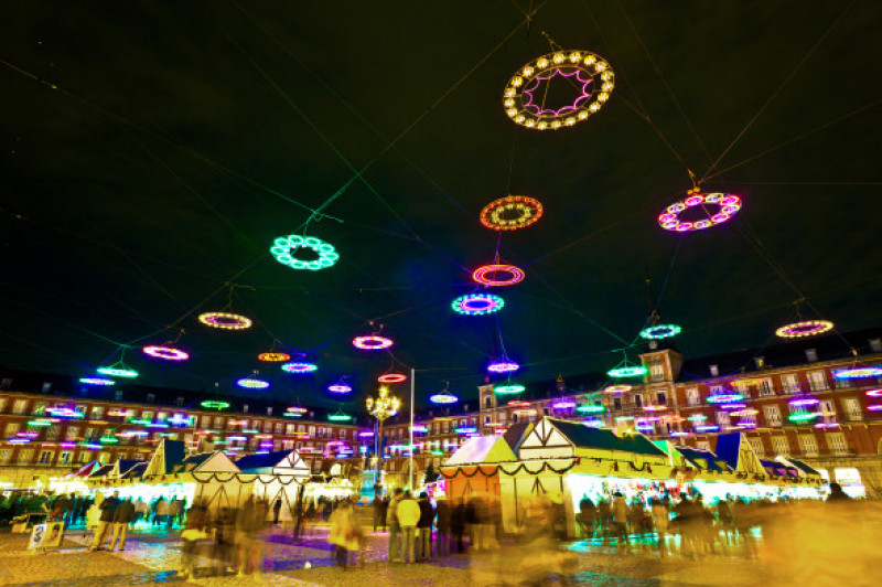 Illumination,In,Madrids,Christmas,Market,At,The,Plaza,Major