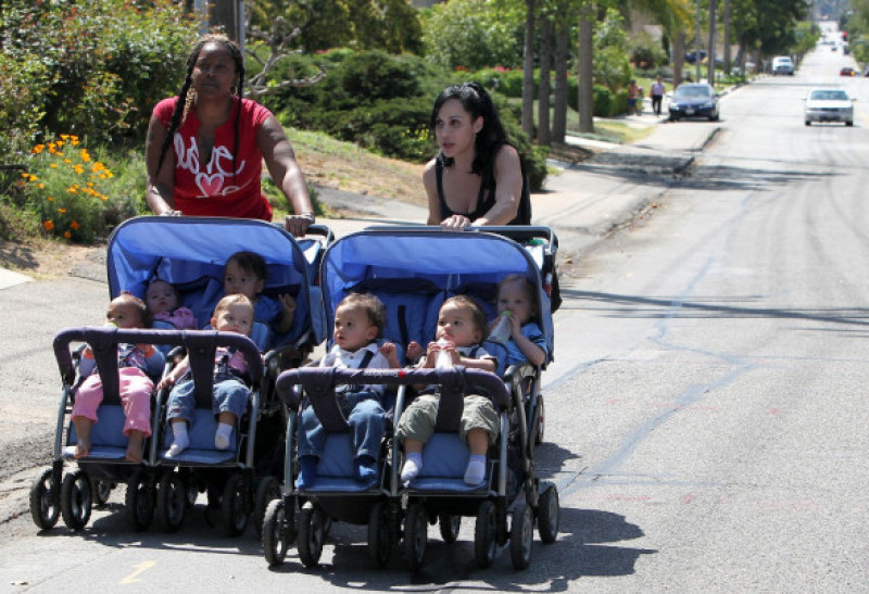 Nadya Suleman and a helper take her kids to a park for a day of fun despite facing foreclosure on her family home