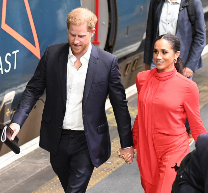 Prince Harry and Meghan Markle are seen arriving at Euston Station on a train from Manchester, having attended the One Young World summit