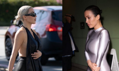 Kim Kardashian, într-o fâșie de material înfășurată în jurul gâtului și colanți mulați. Pare că s-a inspirat de la Bianca Censori