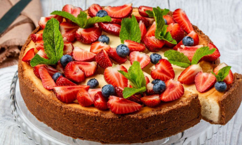 Cheesecake la cuptor, decorat cu fructe proaspete. Este pur și simplu perfect!