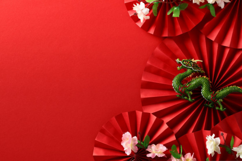 Abstract,Composition,With,Paper,Fans,,Dragon,,Sakura,On,Red,Backdrop,