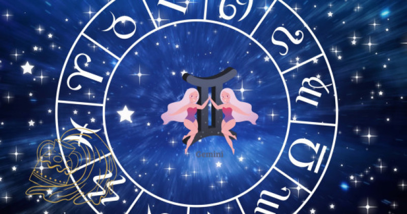 Image of gemini star sign in zodiac wheel on starry night sky