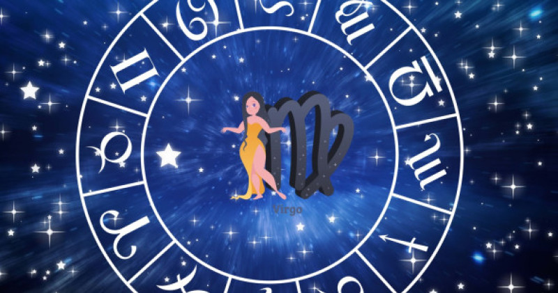 Image of virgo star sign inside spinning wheel of zodiac signs over stars on blue sky