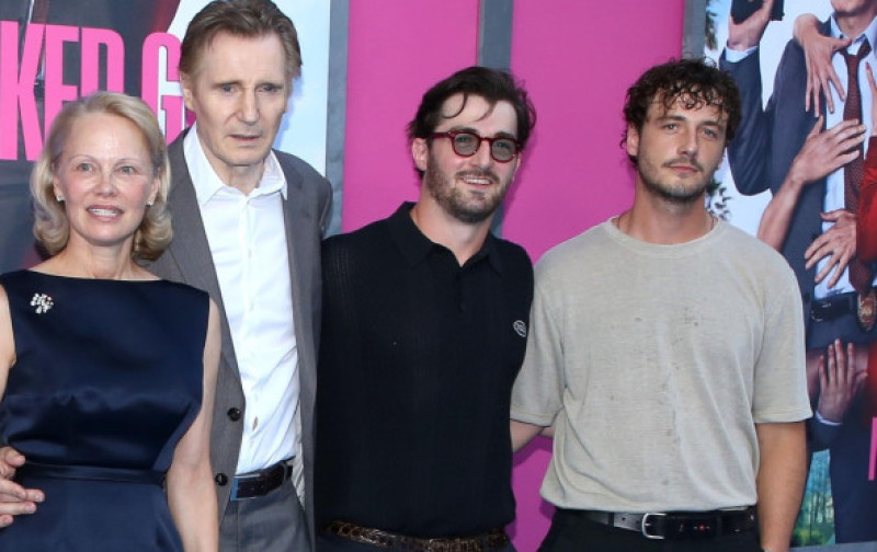 Dylan Jagger Lee, Brandon Thomas Lee, Pamela Anderson, Liam Neeson, Daniel Neeson and Micheal Neeson attending 'The Naked Gun' US Premiere held at the SVA Theater in New York City, NY on July 28, 2025 Steven Bergman/AFF-USA.COM