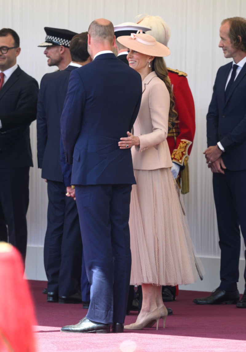 Windsor, UK. July 8th, 2025. The Prince of Wales and The Princess of Wales in Windsor before taking part in a carriage procession through the town to Windsor Castle, as part of the State Visit by The President of The French Republic and Mrs Brigitte Macro