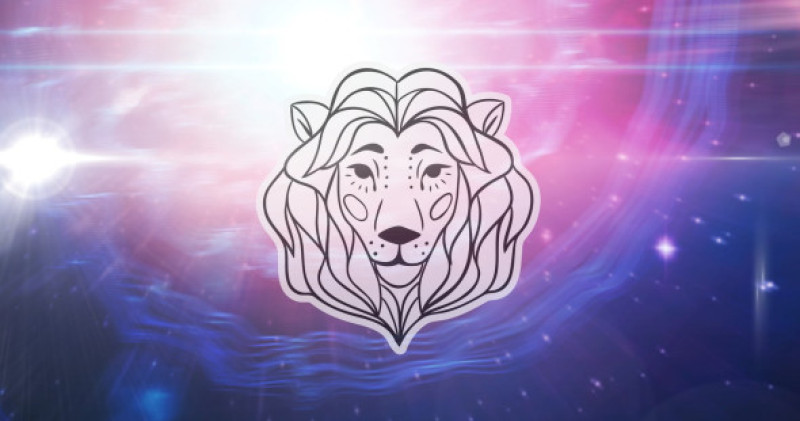 Illustration of black and white leo zodiac star sign over stars on pink to purple background