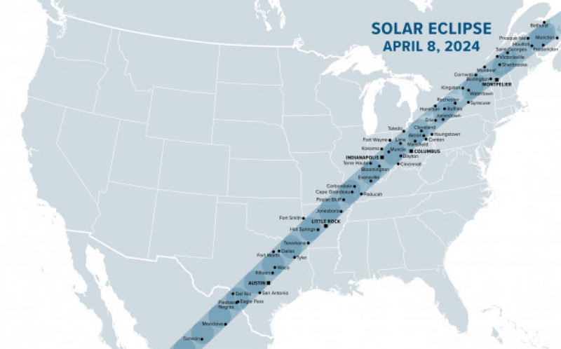 Great American Total Solar Eclipse of April 8, 2024. map with path of totality