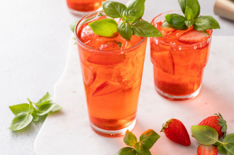 Cold and refreshing strawberry basil cocktail, spring or summer cocktail or mocktail
