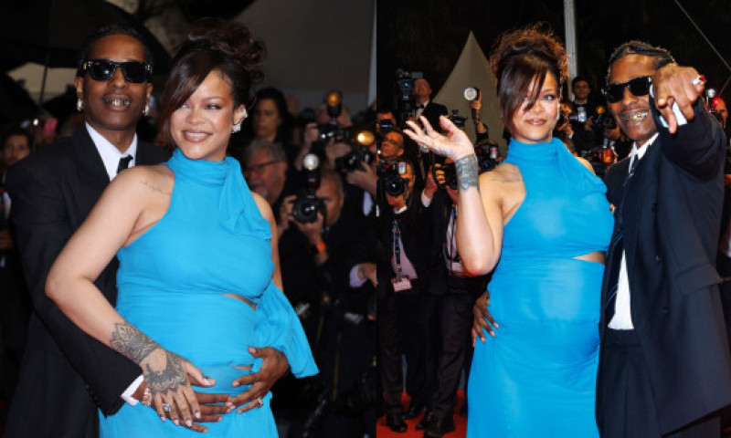 Rihanna își etalează burtica de gravidă într-o rochie albastră, alături de A$AP Rocky, pe covorul roșu de la Cannes 2025