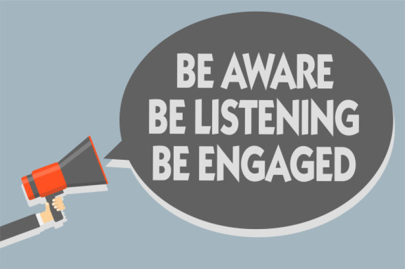 Text sign showing Be Aware Be Listening Be Engaged. Conceptual photo take attention to actions or speakers Man holding megaphone loudspeaker speech bu