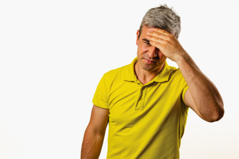 A middle-aged man in a yellow polo shirt expresses frustration with his hand on his forehead, set against a plain light background, suggesting a feeli