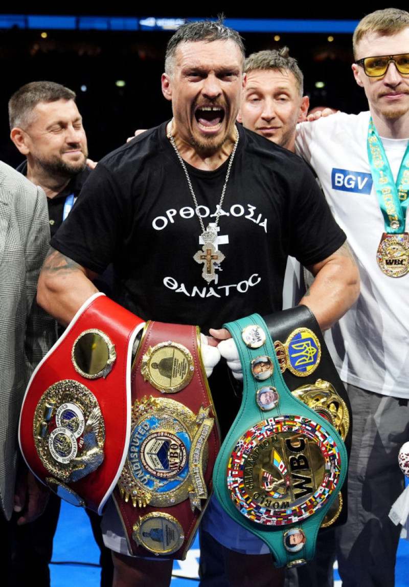 Oleksandr Usyk celebrates winning their IBF, IBO, WBC and WBO World heavyweight bout against Daniel Dubois at Wembley Stadium, London. Picture date: Saturday July 19, 2025.