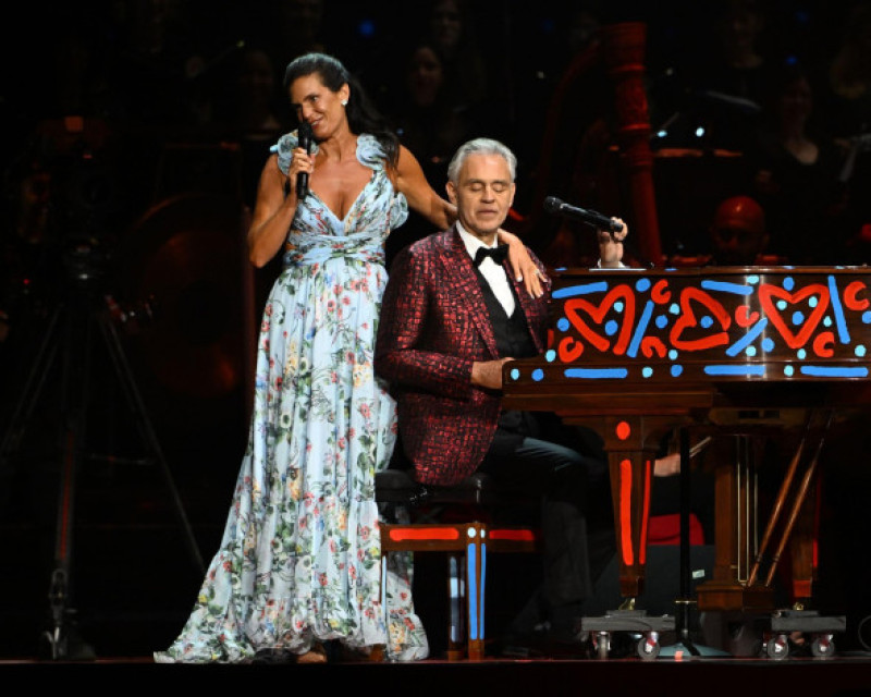 SUNRISE FL - FEBRUARY 16: Veronica Berti Bocelli is seen on stage with her husband Andrea Bocelli during The 30th Anniversary Tour at The Amerant Bank Arena on February 16, 2025 in Sunrise, Florida. Credit: mpi04 / MediaPunch