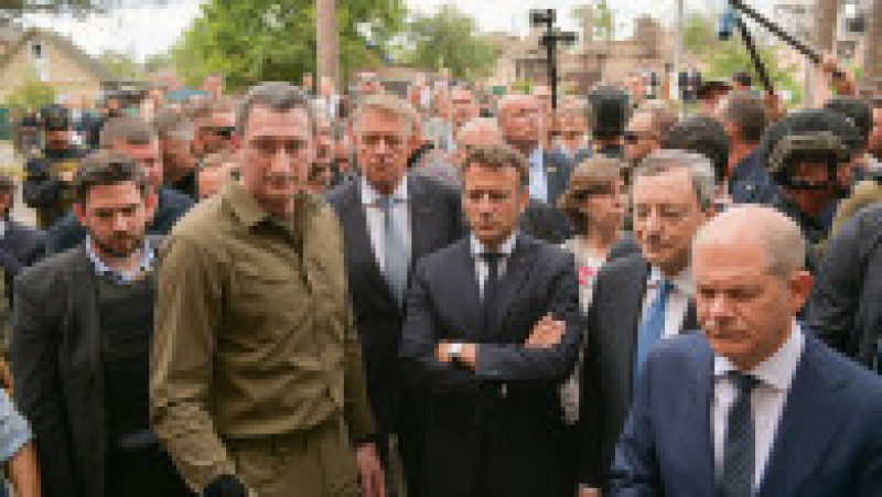 Klaus Iohannis, Emmanuel Macron, Mario Draghi și Olaf Scholz vizitează orașul ucrainean Irpin. Foto: Administrația Prezidențială | Poza 2 din 31