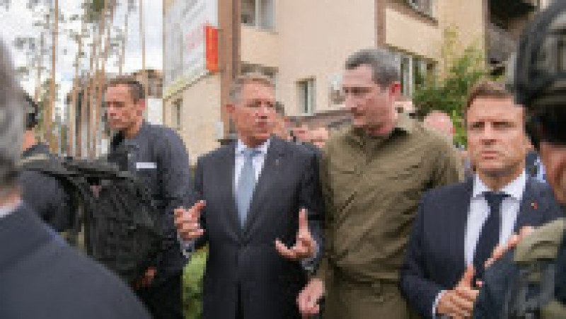 Klaus Iohannis, Emmanuel Macron, Mario Draghi și Olaf Scholz vizitează orașul ucrainean Irpin. Foto: Administrația Prezidențială | Poza 3 din 31