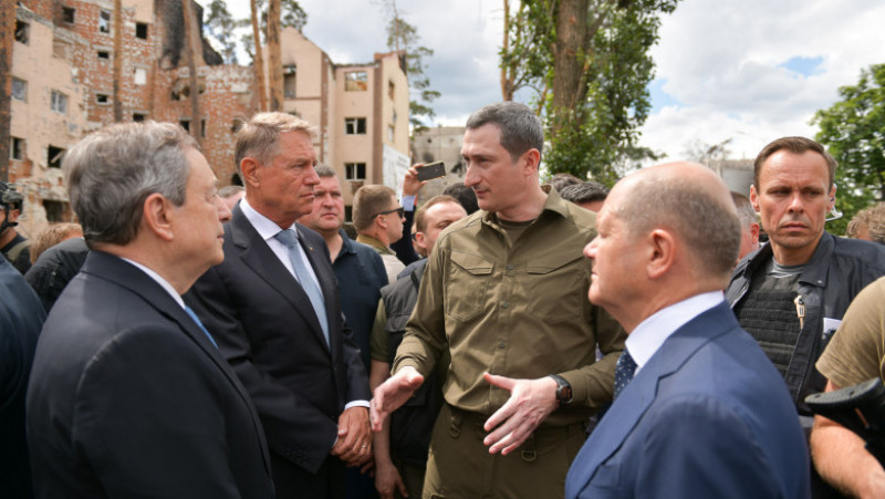 Klaus Iohannis, Emmanuel Macron, Mario Draghi și Olaf Scholz vizitează orașul ucrainean Irpin. Foto: Administrația Prezidențială