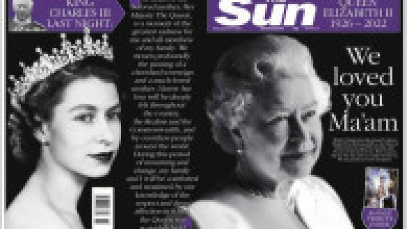 Multe ziare, inclusiv The Sun, au ales același portret în alb-negru al Reginei Elisabeta din ultimii ani de viață, în care zâmbește cald blând și gânditor. „The Sun și cititorii noștri te-au iubit. Suntem mândri că ai fost regina noastră” | Poza 6 din 9