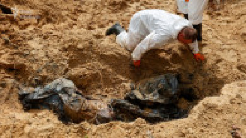 Cel puțin 440 de cadavre au fost descoperite într-o pădure din afara orașului Izium, după retragerea rușilor, o parte dintre ele fiind în groapă comună, iar altele fiind în morminte cu cruci simple de lemn. Foto: WithUkraine 24/7/twitter | Poza 37 din 69