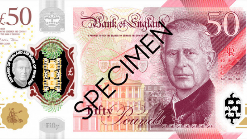 Noua bancnotă de 50 de lire sterline cu chipul regelui Charles al III-lea. Foto: Bank of England