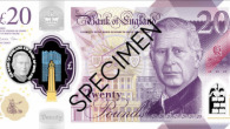 Noua bancnotă de 20 de lire sterline cu chipul regelui Charles al III-lea. Foto: Bank of England | Poza 2 din 5