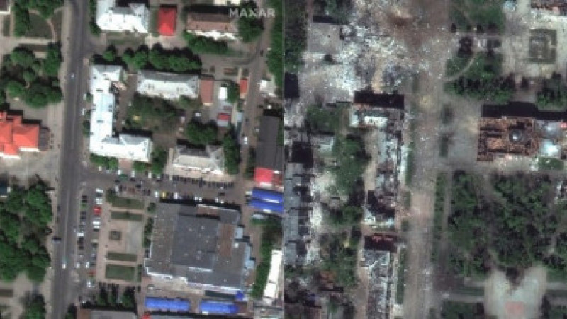 Imaginile din satelit arată distrugerile provocate într-un an de zile de bombardamentele rusești în Bahmut. Foto: Profimedia Images