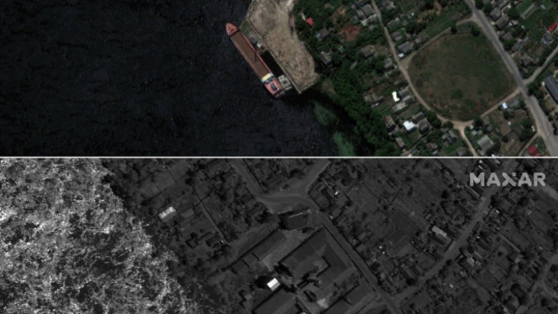 Imagini din satelit cu localități din apropierea barajului Nova Kahovka înainte și după distrugerea barajului. Foto: Profimedia Images