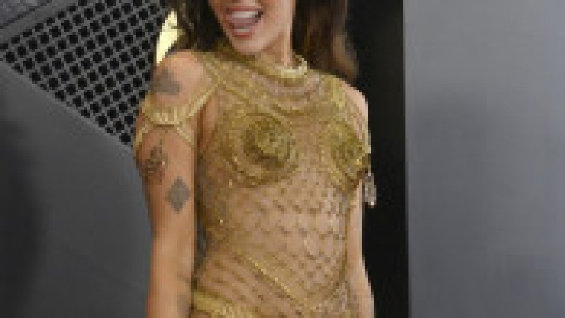 Miley Cyrus a avut cinci ținute la Grammy 2024, iar pe covorul roșu a apărut într-o rochie făcută din ace de siguranță din aur FOTO: Profimedia Images | Poza 3 din 20