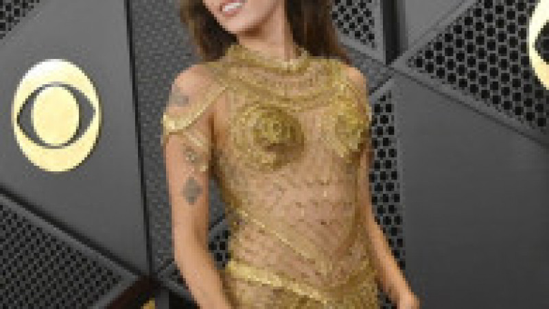 Miley Cyrus a avut cinci ținute la Grammy 2024, iar pe covorul roșu a apărut într-o rochie făcută din ace de siguranță din aur FOTO: Profimedia Images | Poza 6 din 20