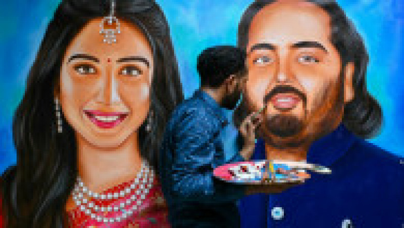 Portret al Radhikăi Merchant și al lui Anant Ambani, pictat special pentru nuntă. Foto: Profimedia | Poza 18 din 19