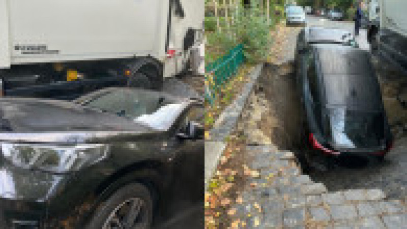 Momentul în care strada din București s-a surpat, iar un copil și o mașină au fost „înghițiți” de pământ. Foto: Digi24 | Poza 7 din 13