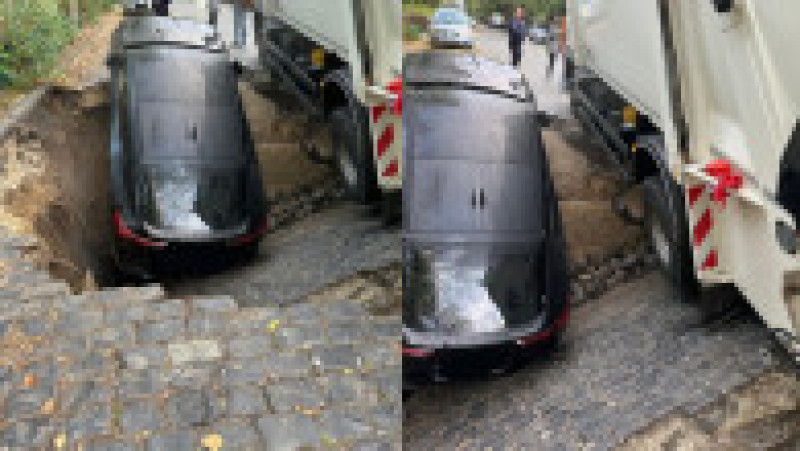 Momentul în care strada din București s-a surpat, iar un copil și o mașină au fost „înghițiți” de pământ. Foto: Digi24 | Poza 2 din 13
