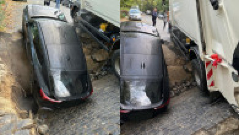 Momentul în care strada din București s-a surpat, iar un copil și o mașină au fost „înghițiți” de pământ. Foto: Digi24 | Poza 5 din 13