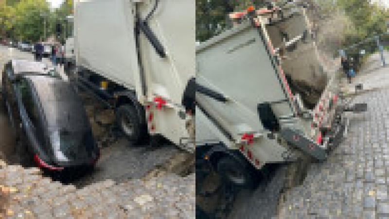 Momentul în care strada din București s-a surpat, iar un copil și o mașină au fost „înghițiți” de pământ. Foto: Digi24 | Poza 3 din 13